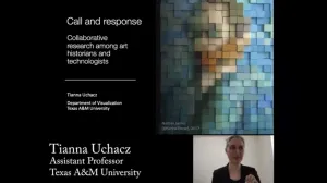 woman giving a talk with pixelated image of Van Gogh