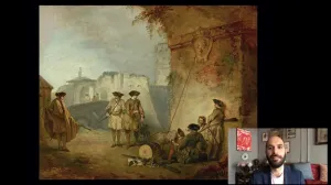 video still of Xavier Salomon and oil painting of soldiers