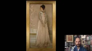 video still of Xavier Salomon and oil painting of woman standing, wearing long dress