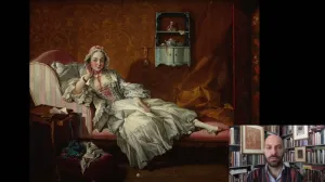 video still of Xavier Salomon and oil painting of lady on bed