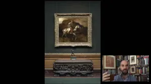 screenshot of Xavier Salomon speaking alongside image of painting of man on horseback