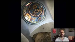 video still of Xavier Salomon and interior of building