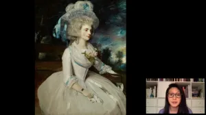 video still of Aimee Ng and oil painting of woman in white dress