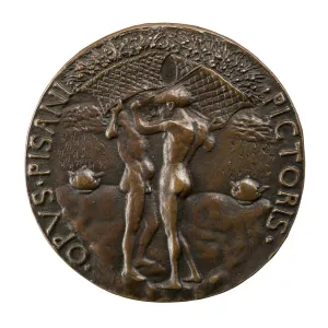 bronze medal with relief of two men carrying baskets