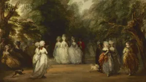 scene of group of woman in dresses walking through trees