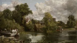 oil painting of boat with white horse on a lake