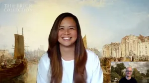 screenshot of two people using online backgrounds displaying artwork