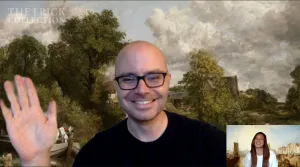 screenshot of two people using online backgrounds displaying artwork