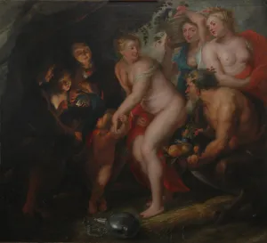 Oil painting of a mythological scene in a forest featuring Venus, Cupid, Bacchus, Ceres, and Pomona. At left, an old woman and two young boys warm themselves around a coal-burning brazier.