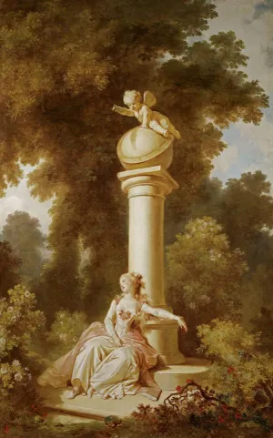 Oil painting of a seated woman in a landscape in a pink-and-white dress leaning languidly against a column topped with a globe and cupid