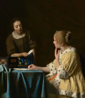 Painting of two women, one seated at a table, the other handing her a letter