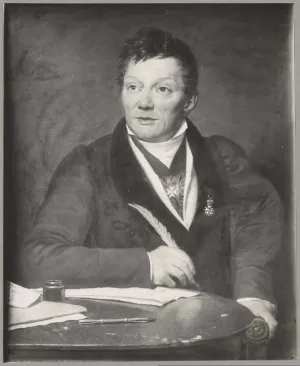 Portrait of Alexandre Lenoir seated at a writing desk and holding a quill