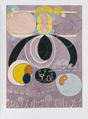 Photo of an abstract painting reproduced in an exhibition catalogue featuring a purple background; black, yellow, blue, and pink shapes; looping lines; and cursive writing