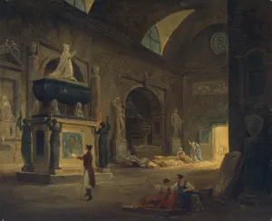 Oil painting of visitors in a grand hall of the Museum of French Monuments