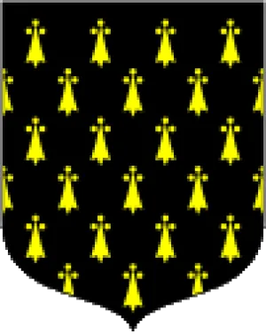 black coat of arms with repeating patterns of yellow triple dots atop an elongated triangular shape