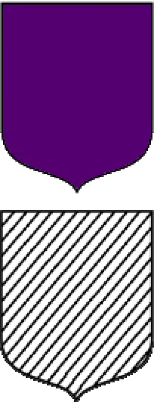 Purple coat of arms represented by ascending diagonal black and white stripes