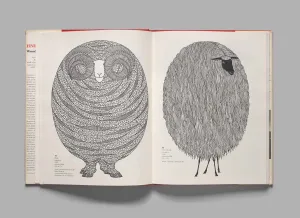Two pages of a book with detailed woodcuts of a ram and sheep with small heads and legs and huge, wooly bodies