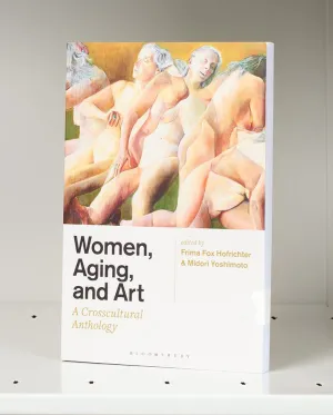 Book cover on a white shelf featuring a nude woman with gray hair shown overlapping in four poses