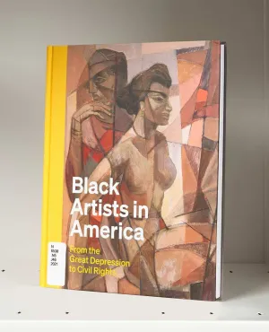 Book cover on a white shelf featuring a geometric image of two Black figures