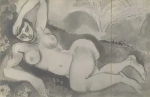 Black-and-white reproduction of a painting of a reclining nude woman