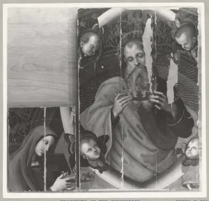 Fragments of an altarpiece of God the Father surrounded by putti and the Virgin Mary