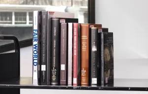 Nine books stacked vertically on a library cart in front of a window