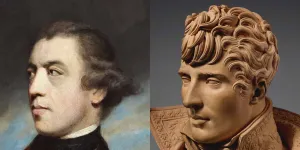 Side-by-side details of artworks. At left, a portrait of a confident British general looking left. At right, a youthful man with a wide collar and curly hair depicted in terracotta, looking left.