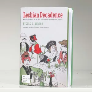 Book on a white shelf with a drawing of women in hats at a cafe