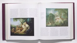 Spread of a book featuring text and two Rococo paintings of nude figures in nature
