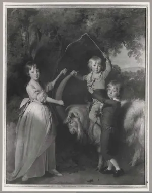 Painting of three children in a landscape with a large goat with very long horns