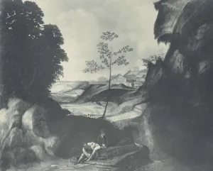 Painting of two figures seated in a landscape, with some areas missing