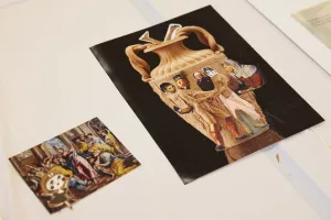 Two collages made of cut-out paper on images of a painting and a vase