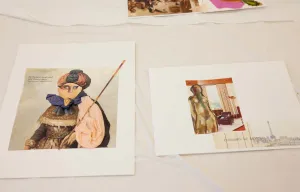 Two collages made of paper cut-outs on images of works of art