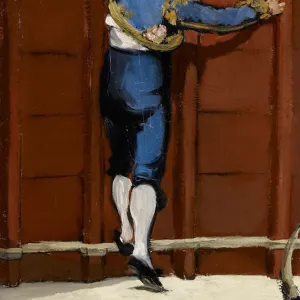 Detail of the thick brushstrokes of a painting showing the costumed body of a bullfighter