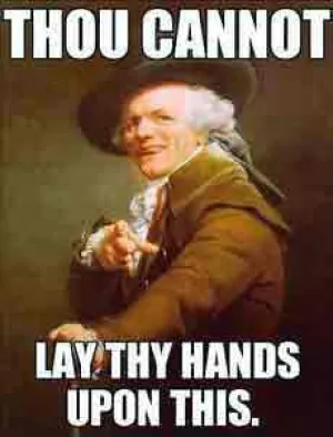 Meme based on an 18th-century portrait of a man wearing a hat, holding a cane, and pointing out at the viewer.