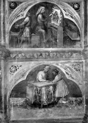 A fresco painting of an artist at an easel with an assistant standing nearby above a second fresco painting of a teacher and a pupil at a desk.