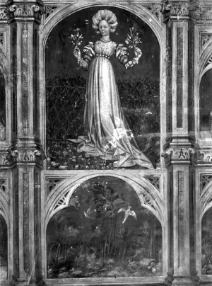 Fresco painting of a young woman in Renaissance dress holding flowers above a second fresco image of a garden landscape in bloom.