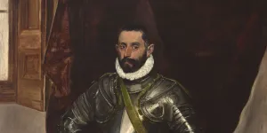 Painting of a man standing in a room wearing armor.