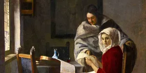 A man giving a woman a music lesson, with woman looking at the viewer