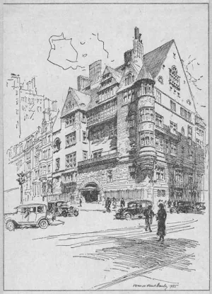 Drawing of a massive townhouse standing on the corner of a busy intersection in mid-century Manhattan.