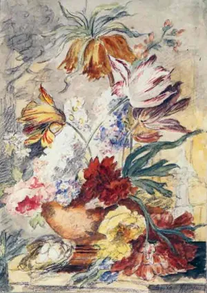 A color drawing of a vase filled with colorful tulips with a small bird's nest