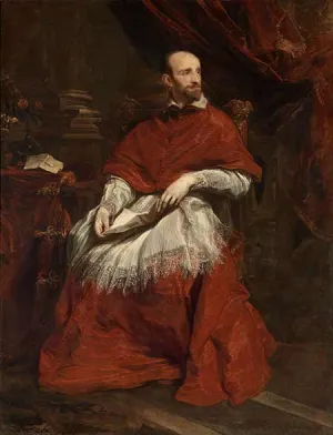 oil painting of portrait of cleric seated in red robe and white lace on his lap