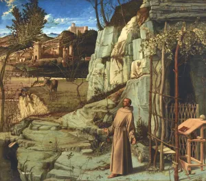 Oil painting of St. Francis dressed in robes in a rocky landscape and a city in the distance