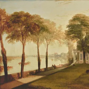 Oil painting of house with lawn, trees, and water