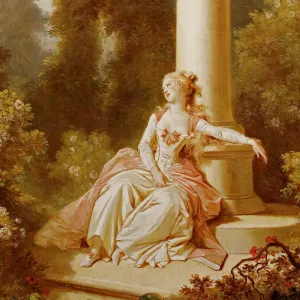 a seated woman in a pink dress leaning against a column in a garden