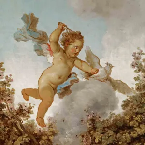 a cherub in the sky holding a knife in one hand and a dove in the other