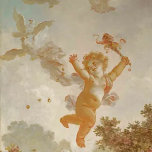 cherub in the sky with arms outstretched, surrounded by doves