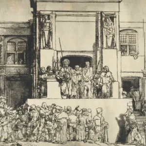 Pilate and Christ stand on a raised platform above a crowd in an open square