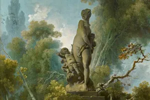 Stone statue of nude woman with a cherub by her side