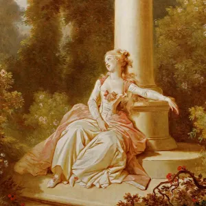A seated woman in a pink and white dress leaning against a column in a landscape